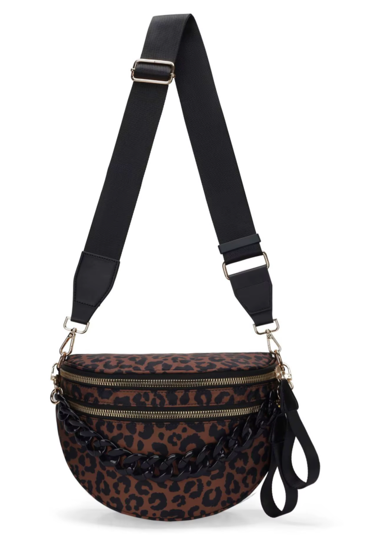 Oversized Nylon Double Zipper Leopard Crossbody in BLACK & BROWN