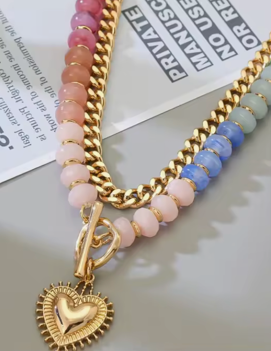 Gemstone Bead Layer Gold Heart Pendant Necklace Set Natural Stone