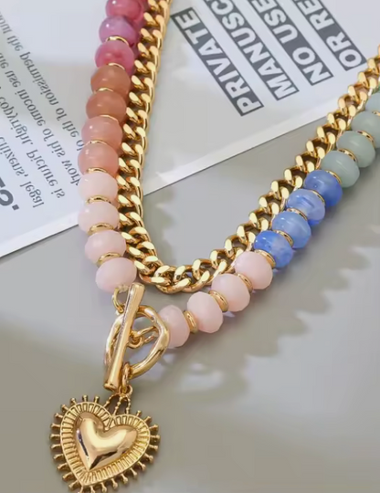 Gemstone Bead Layer Gold Heart Pendant Necklace Set Natural Stone