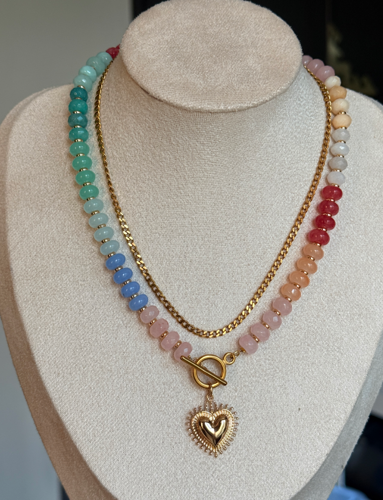 Gemstone Bead Layer Gold Heart Pendant Necklace Set Natural Stone