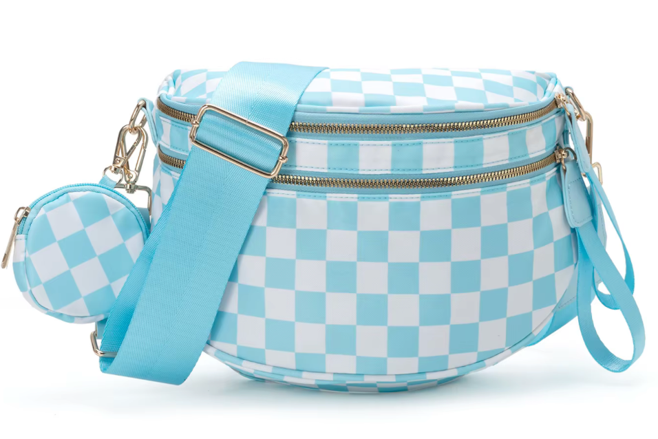 Nylon Bum Bag / Fanny Pack Ice Blue plaid