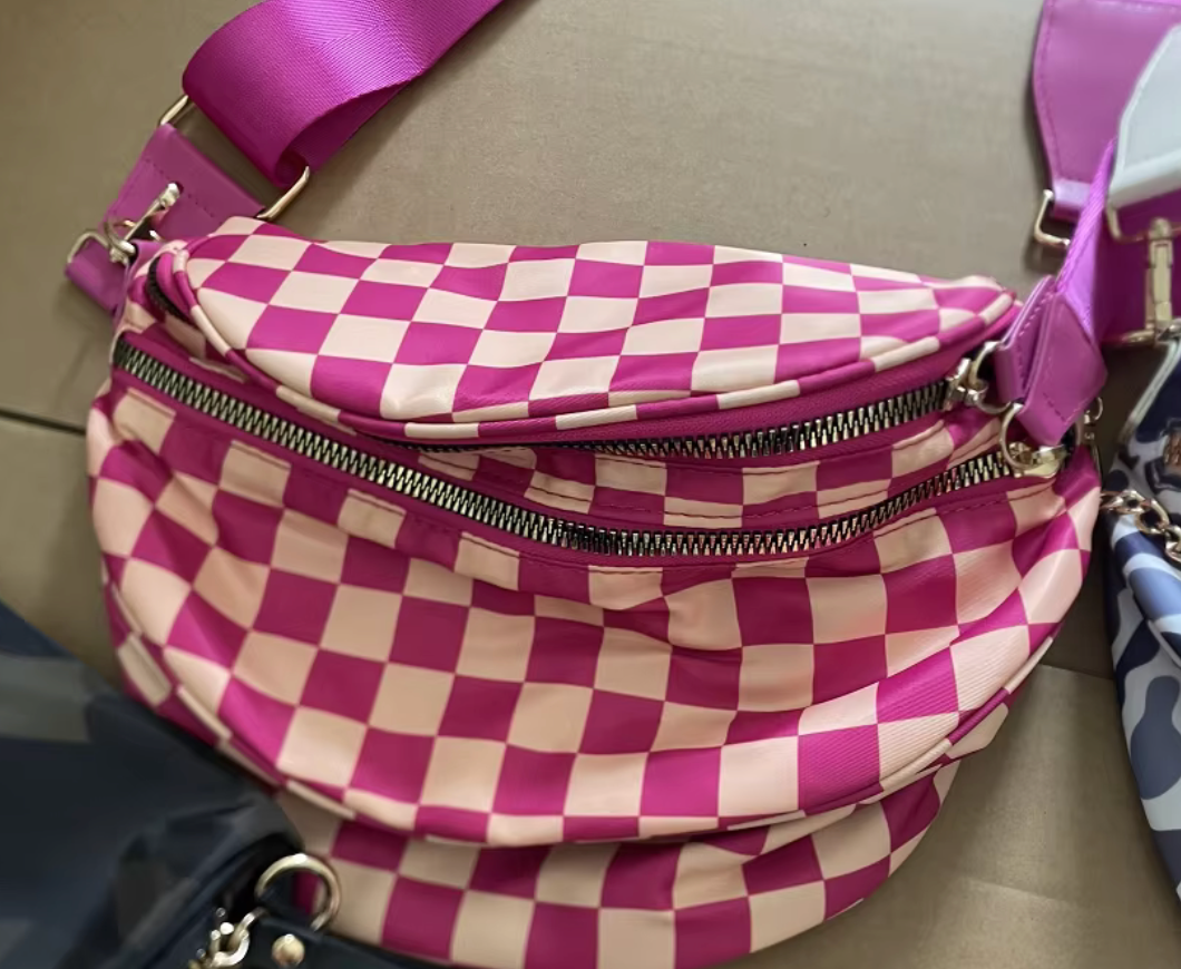 Nylon Bum Bag / Fanny Pack Orange & Pink Checkered