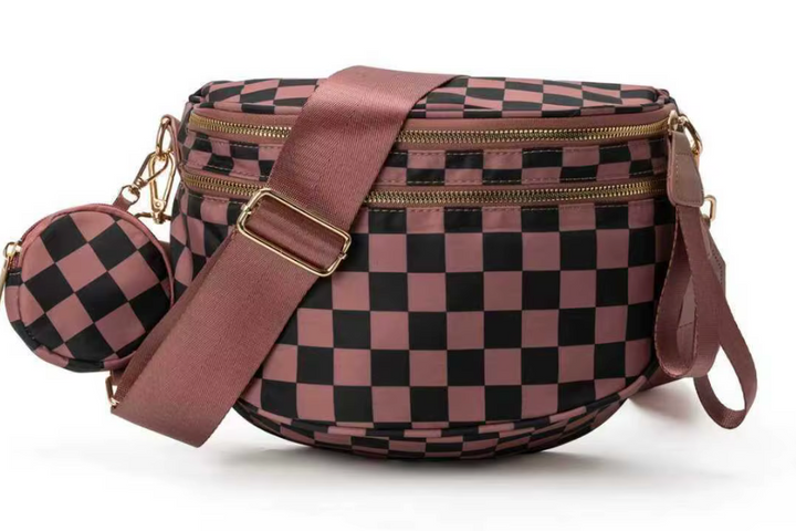 Nylon Bum Bag / Fanny Pack Dark Brown Plaid