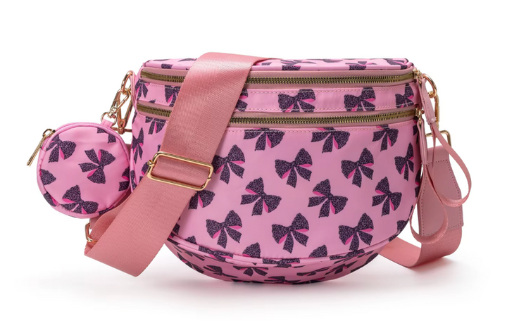 Nylon Bum Bag / Fanny Pack Pink with Leopard Bows