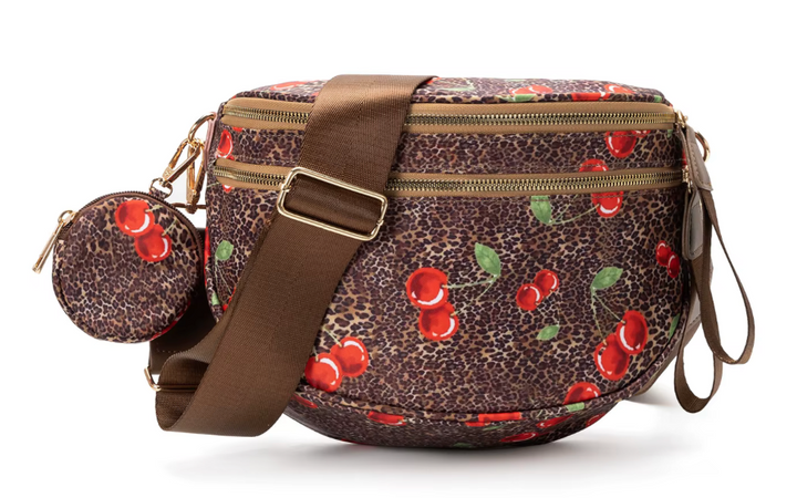 Nylon Bum Bag / Fanny Pack Brown Leopard with Cherries