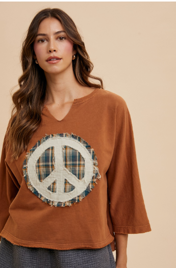 Mineral Washed Peace Mark Patch Knit Top