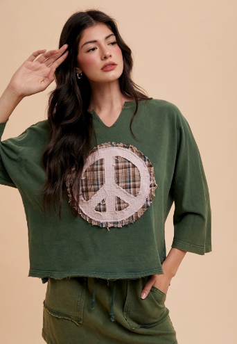 Mineral Washed Peace Mark Patch Knit Top