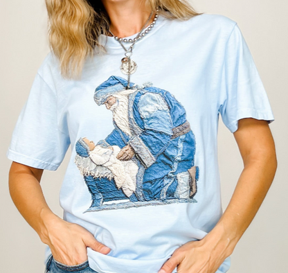 Stitched Denim Santa and Baby Jesus Graphic Tee