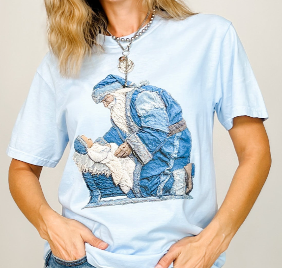 Stitched Denim Santa and Baby Jesus Graphic Tee