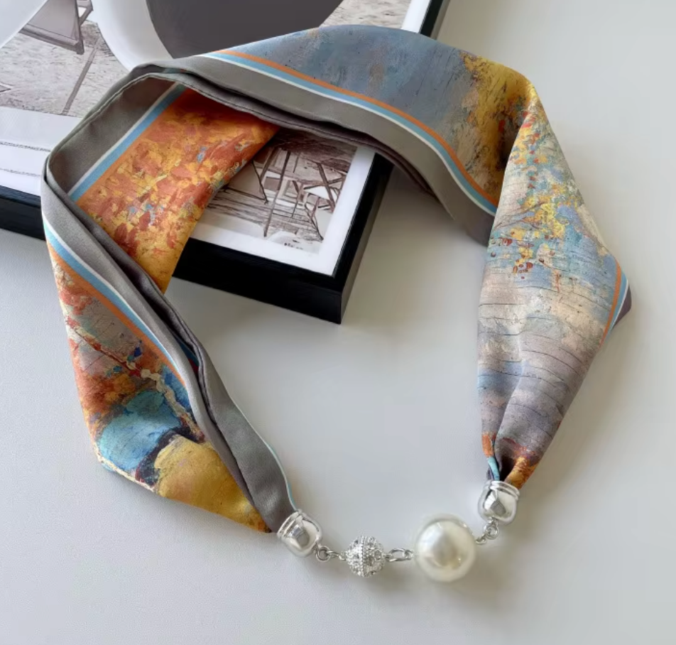Silk Scarf Magnetic Closure Necklace - Mocha Sunset