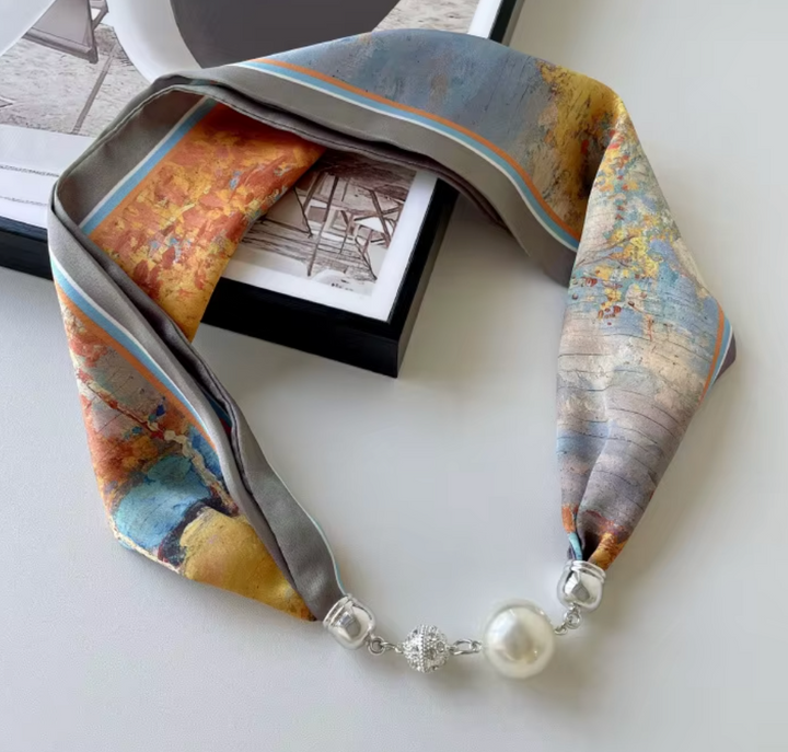 Silk Scarf Magnetic Closure Necklace - Mocha Sunset