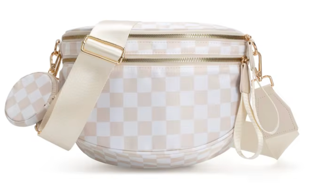 Nylon Bum Bag / Fanny Pack Beige Plaid