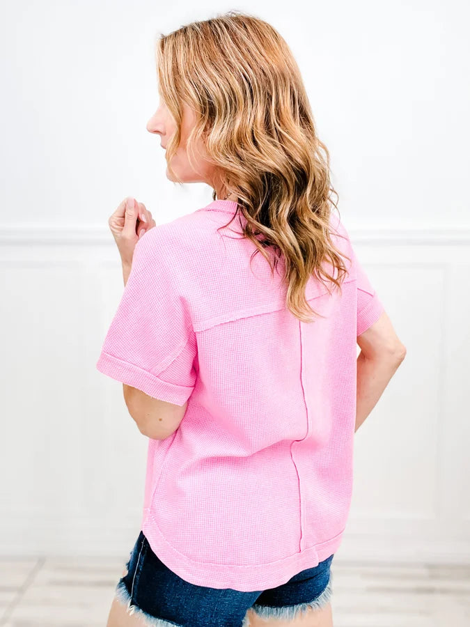 Oversized Vintage Wash Waffle Knit Top with Front Pocket