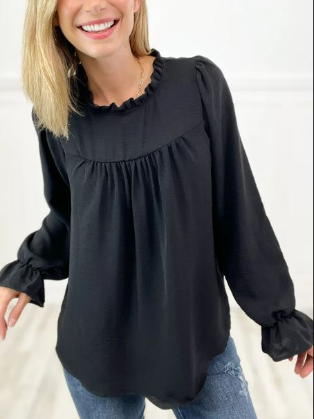 Woven Top With Ruffled Neckline and Poet Sleeves