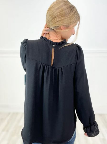 Woven Top With Ruffled Neckline and Poet Sleeves