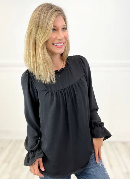 Woven Top With Ruffled Neckline and Poet Sleeves