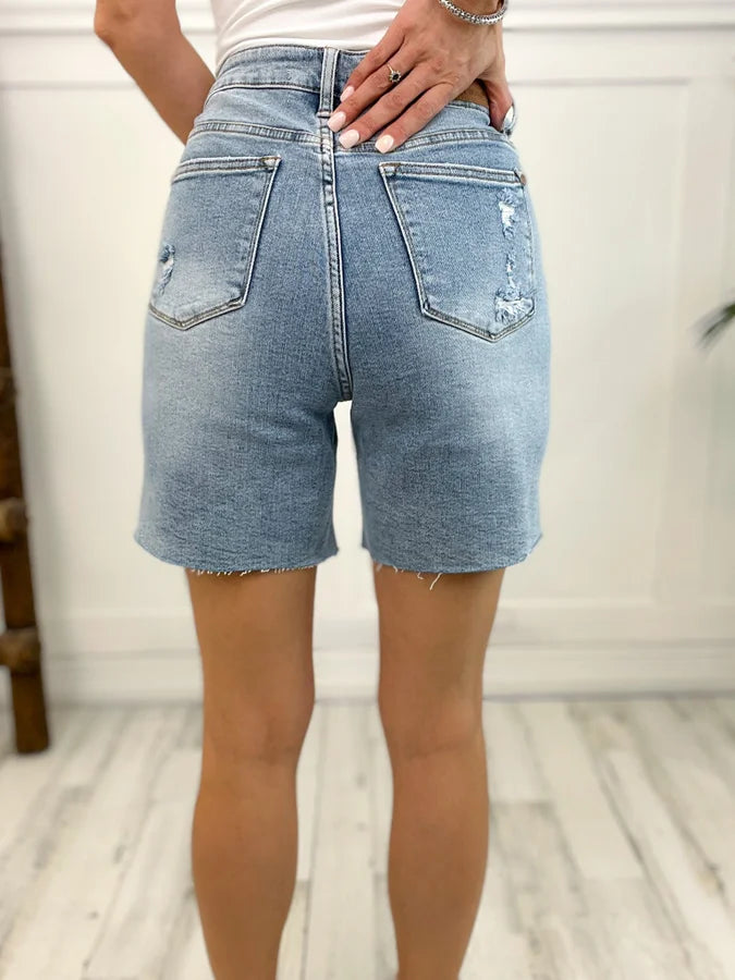 Judy Blue High Waisted Mid-Length Denim Patch Shorts