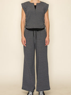 Striped Sleeveless Mini Zip V Neck Set