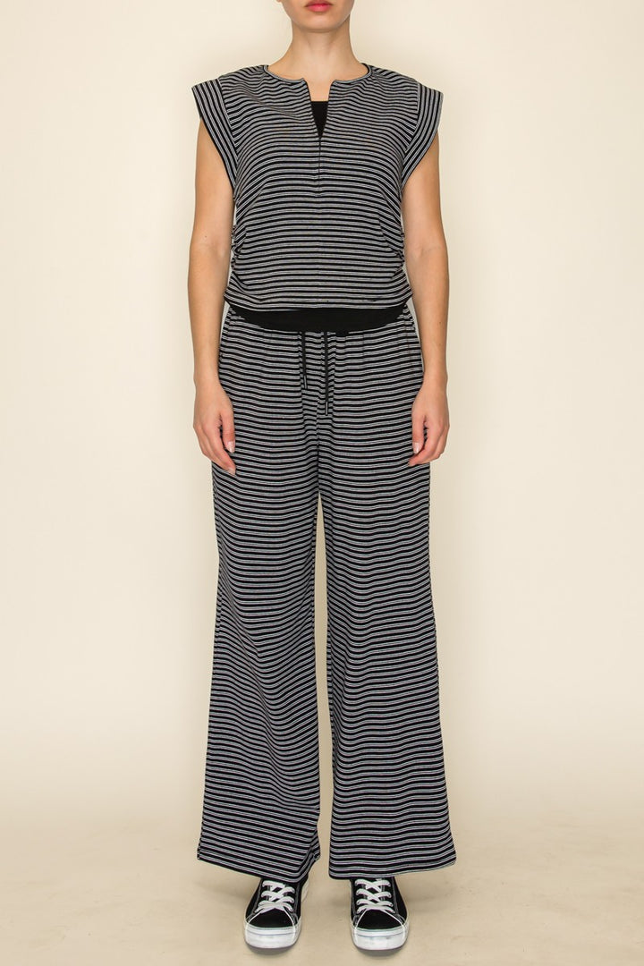 Striped Sleeveless Mini Zip V Neck Set