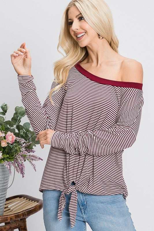 Long Sleeve Pin Stripe Front Tie Top