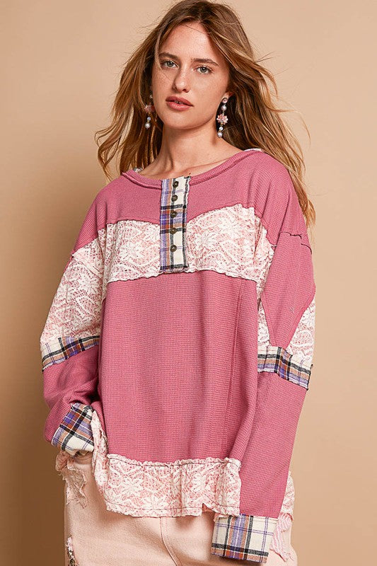 Round neck long sleeve plaid detail solid top