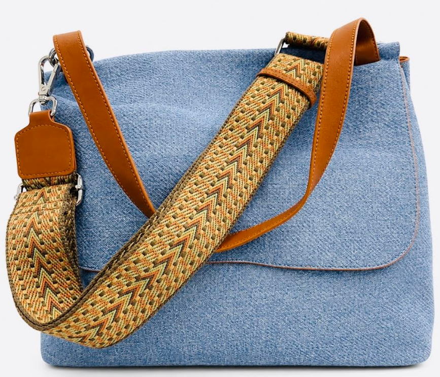 Luxurious Faux Denim Messenger Bag With Brown Accents