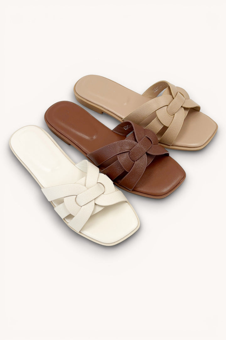 Woven Strap Square Toe Flat Sandals in Nude