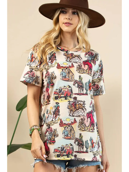 Vintage Western Print Short Sleeve Top