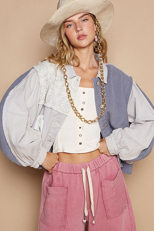 Semi cropped balloon sleeve crochet patch jacket