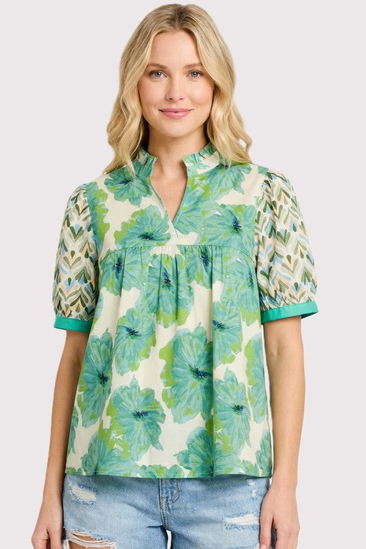 Floral Mixed Frilled Neck Top
