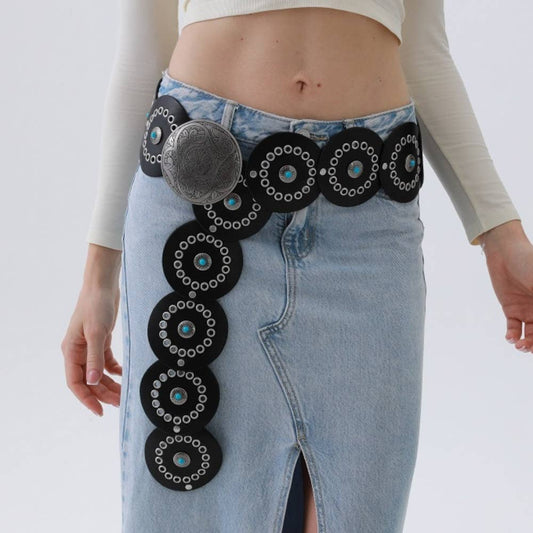 BLACK WESTERN CIRCLE BELT TURQUOISE EMBELLISHED