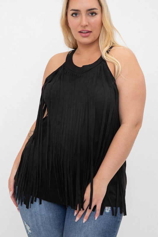 CLEO NECK FRINGE DETAIL FRONT SLEEVELESS SUEDE TOP