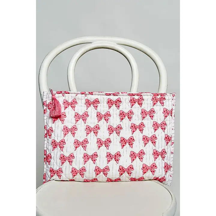 Diamond Stitched Detail Print Quilted Tassel Pouch