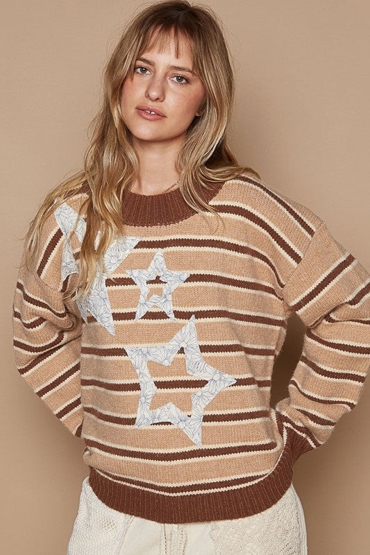 Round neck long sleeve stripe star patch sweater