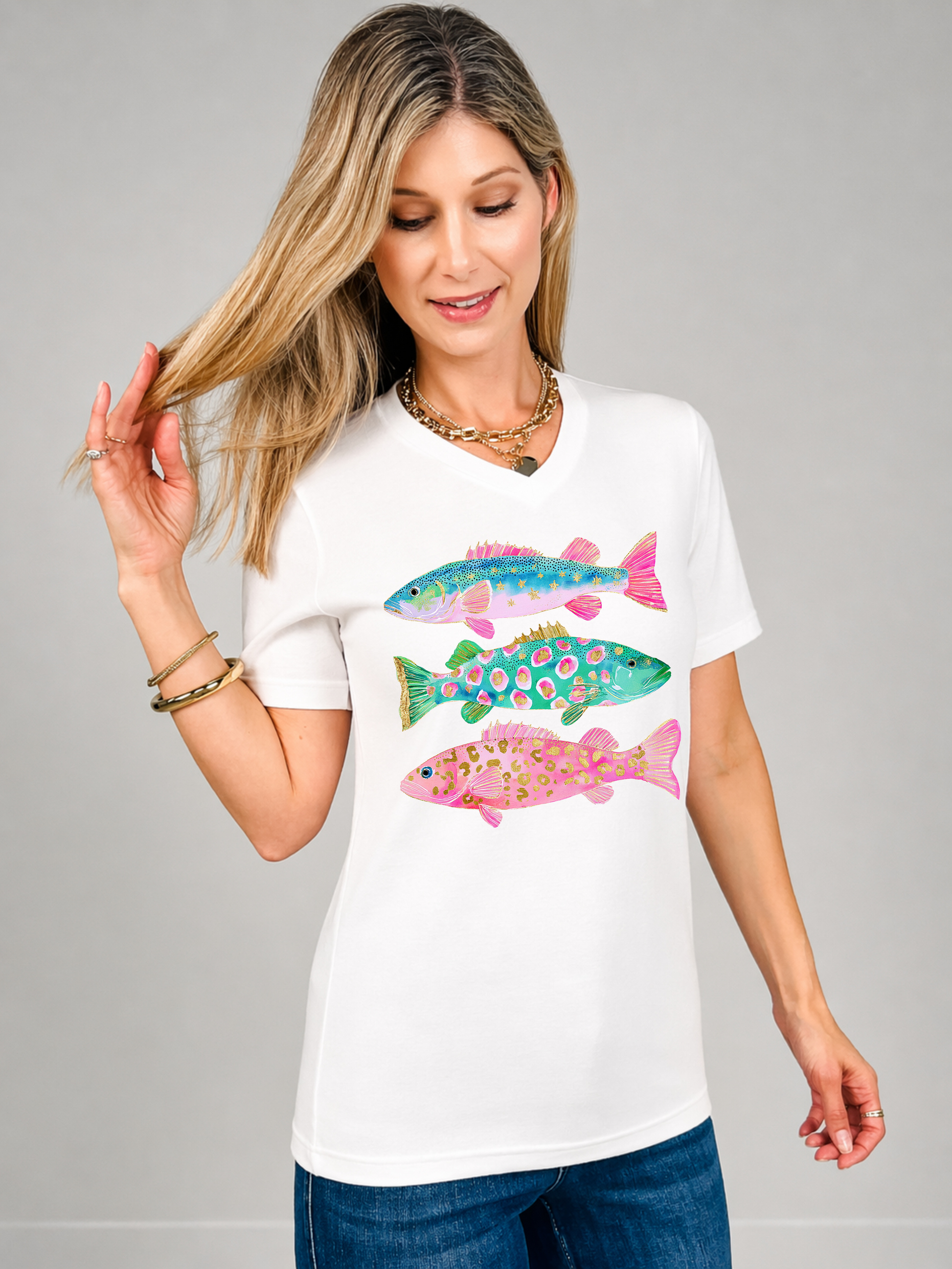 Colorful Fish V-Neck Graphic Tee