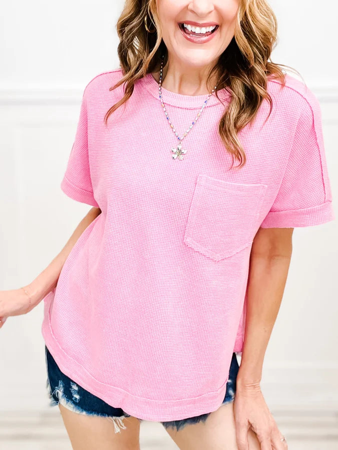 Oversized Vintage Wash Waffle Knit Top with Front Pocket