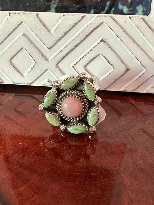 Green & Pink Sterling Silver Adjustable Ring