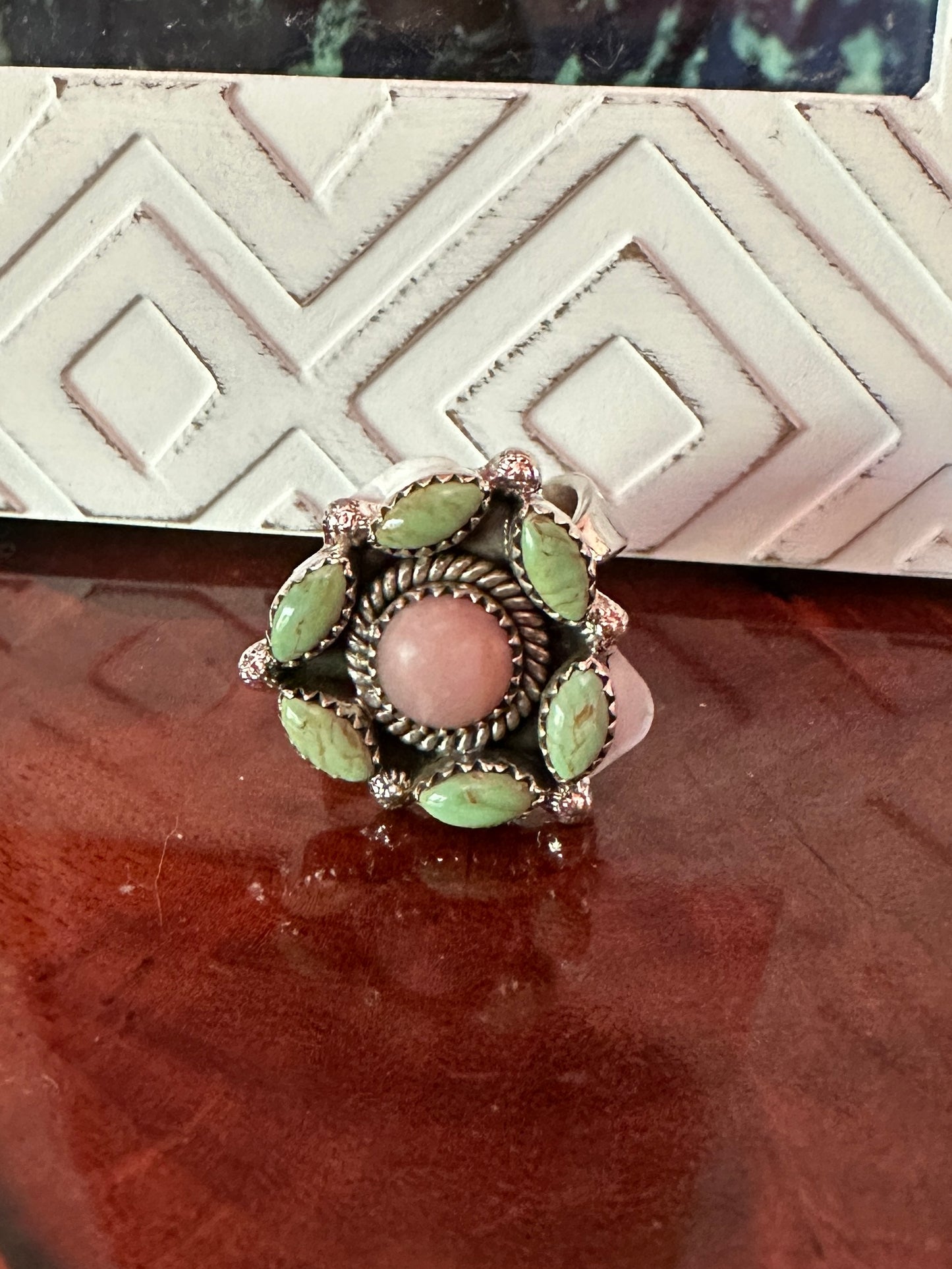 Green & Pink Sterling Silver Adjustable Ring