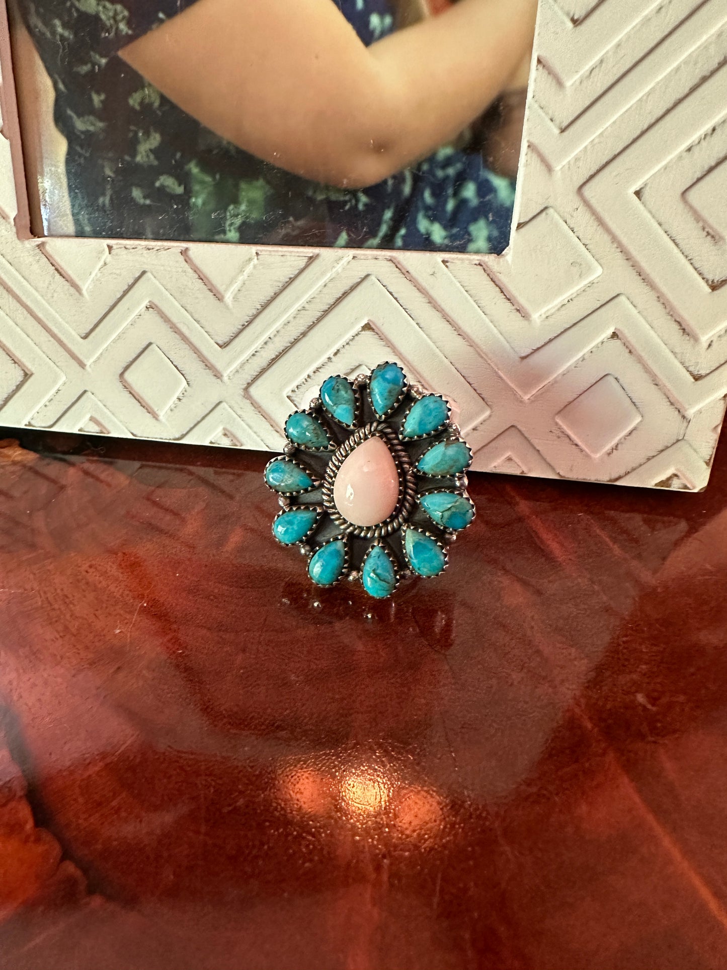 Turquoise & Pink Conch Sterling Silver Adjustable Ring