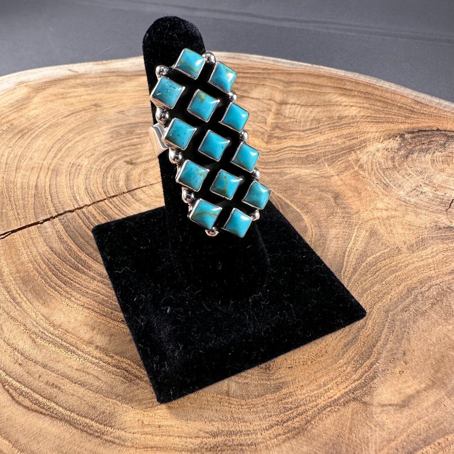 Adjustable Sterling Silver and Turquoise Diamond Bar Ring