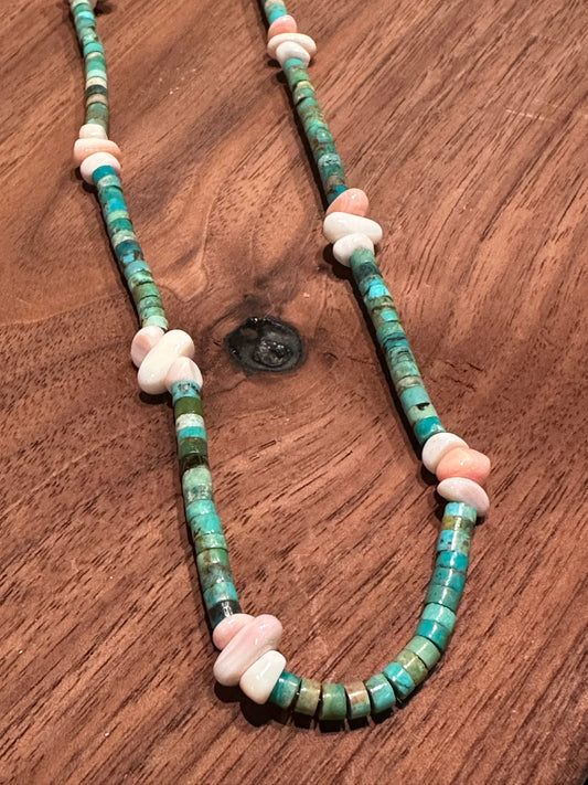 Turquoise and Pink Conch Chip Necklace