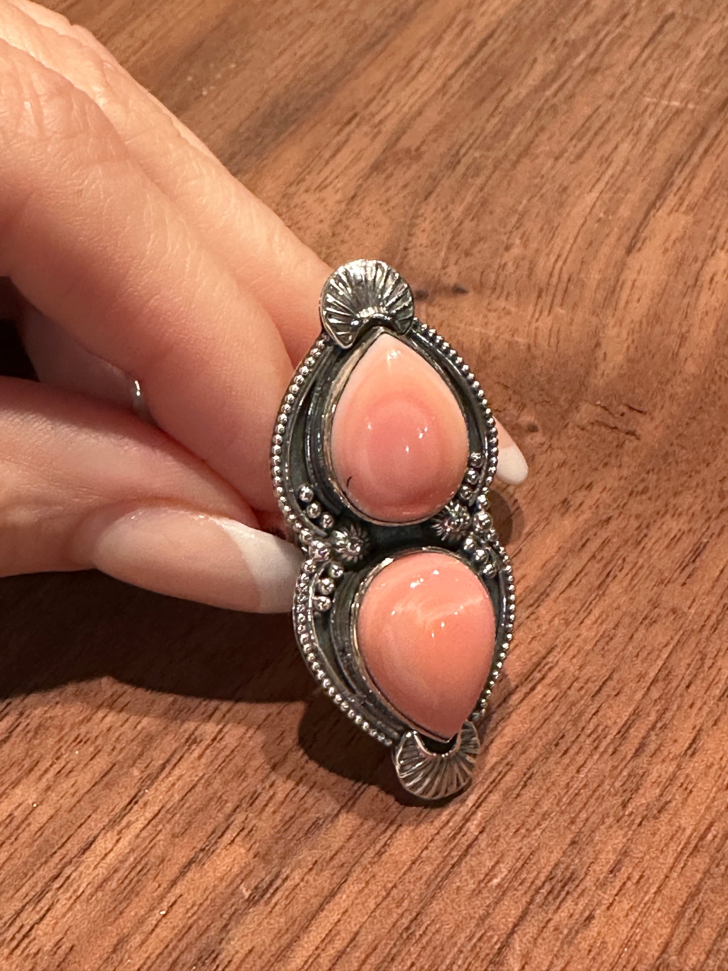 Adjustable Pink Conch Silver Ring