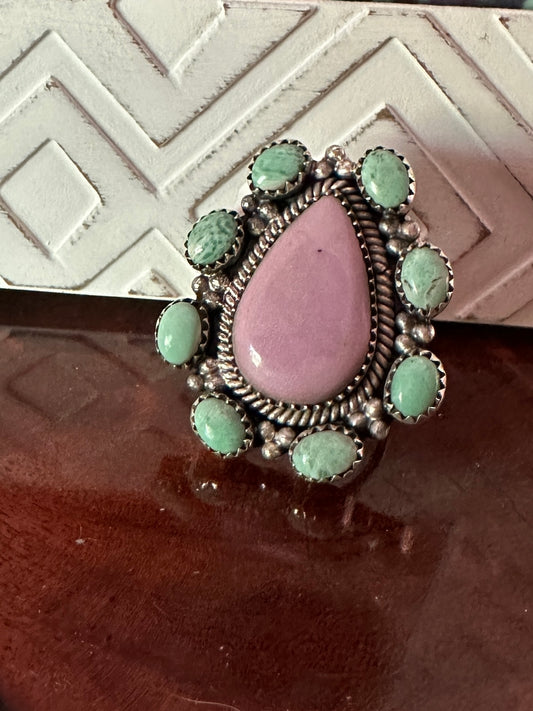 Turquoise & Pink Stone Sterling Silver Adjustable Ring