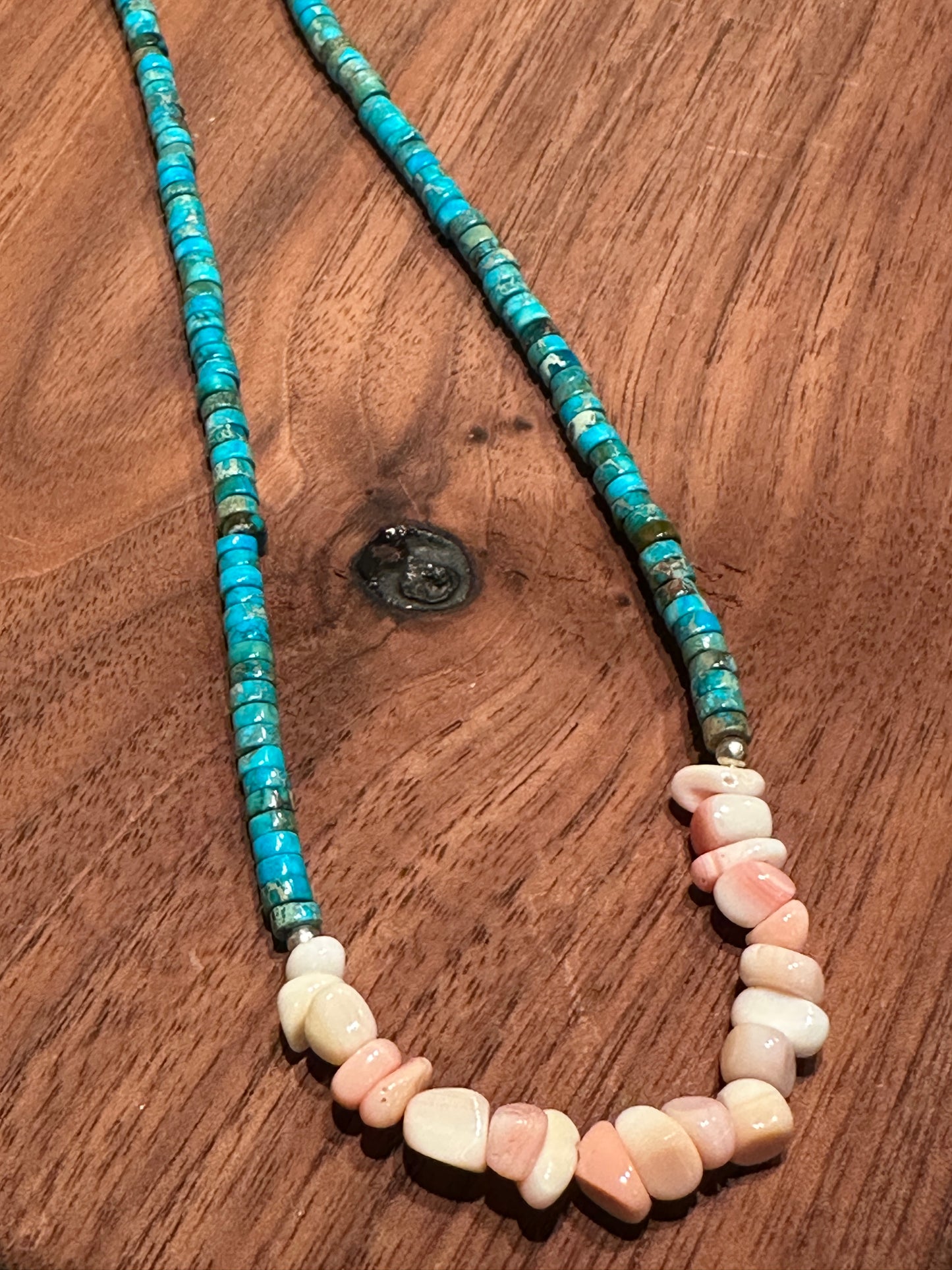 Blue Turquoise & Pink Conch Pebble Necklace