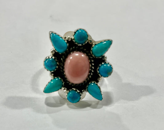 Hada Collection Sterling Silver Pink Opal Center and Tear Drop Turquoise Ring