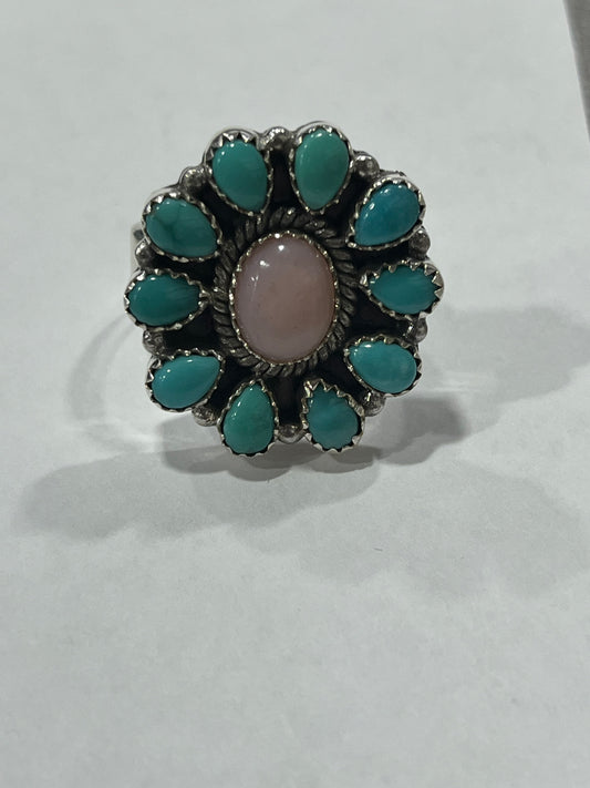 Hada Collection Sterling Silver Pink Opal and Turquoise Ring