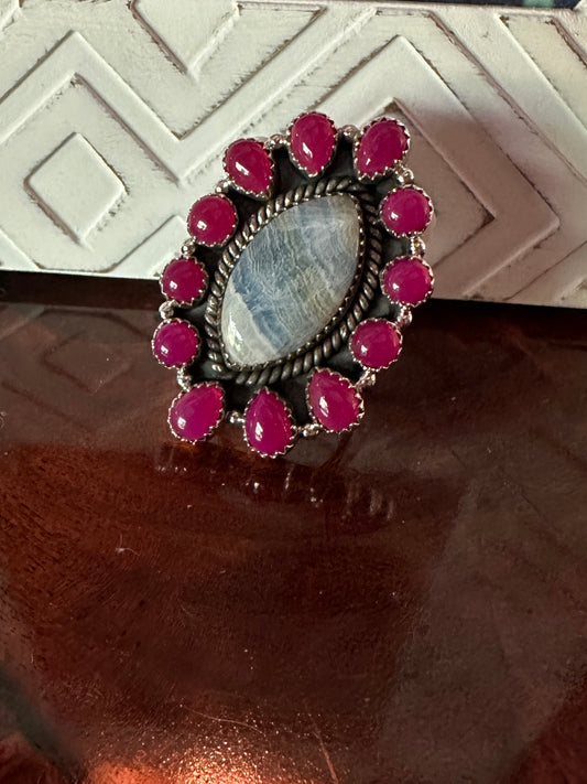 Hot Pink & Grey Sterling Silver Adjustable Ring