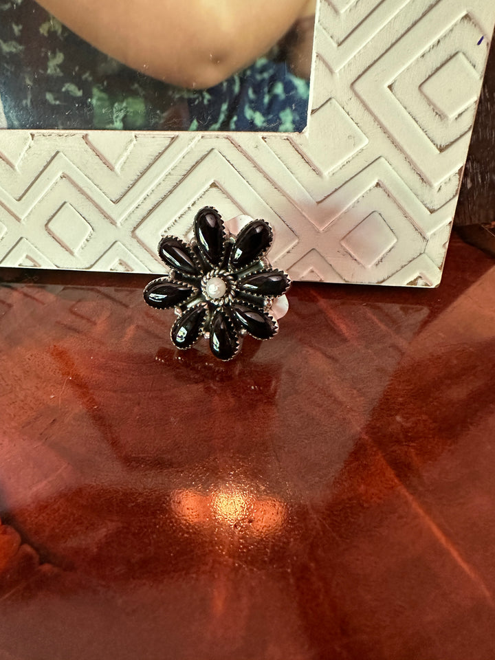 Onyx & Pearl Flower Sterling Silver Adjustable Ring