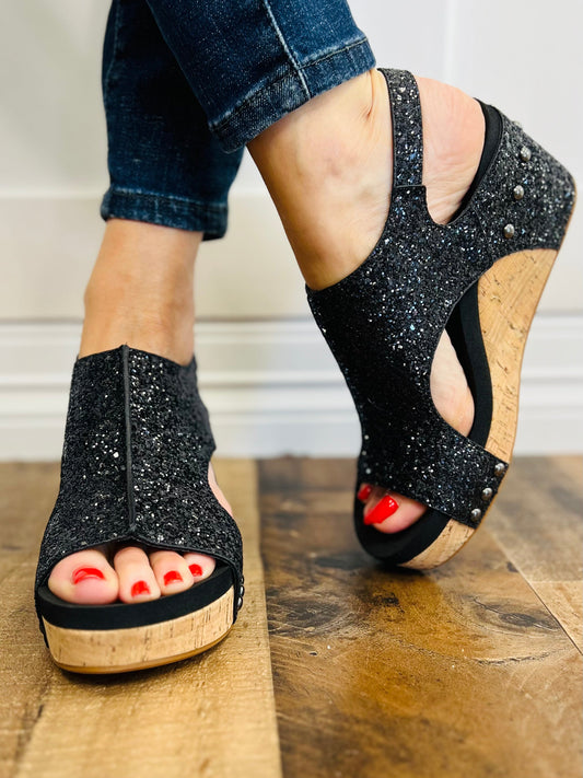 Corkys Carley Wedge Shoes in Black Glitter