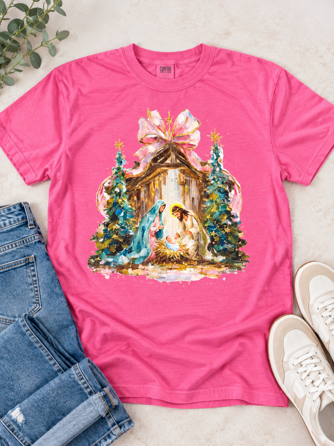 Painted Nativity Scene on Pink Graphic